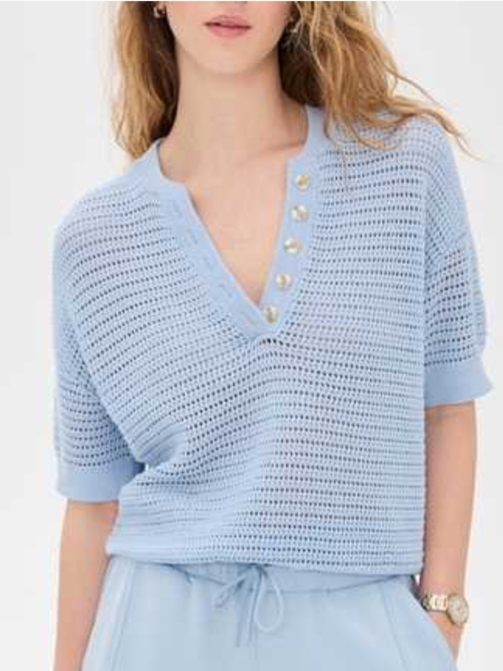 Varley Callie Knit Top Light Blue Open Stitch Henley Short Sleeve XS